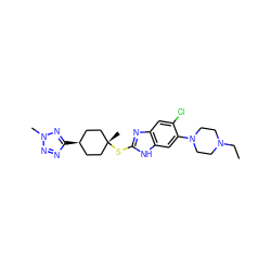 CCN1CCN(c2cc3[nH]c(S[C@]4(C)CC[C@@H](c5nnn(C)n5)CC4)nc3cc2Cl)CC1 ZINC000253798283