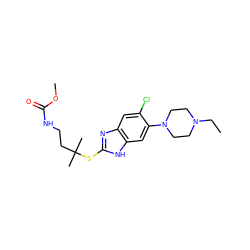 CCN1CCN(c2cc3[nH]c(SC(C)(C)CCNC(=O)OC)nc3cc2Cl)CC1 ZINC000040877501