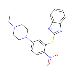 CCN1CCN(c2ccc([N+](=O)[O-])c(Sc3nc4ccccc4[nH]3)c2)CC1 ZINC000004679334