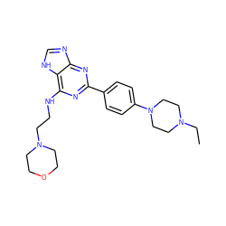 CCN1CCN(c2ccc(-c3nc(NCCN4CCOCC4)c4[nH]cnc4n3)cc2)CC1 ZINC000205608613