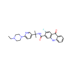 CCN1CCN(c2ccc(C(C)(C)NC(=O)c3cc4[nH]c5ccccc5c(=O)c4cc3F)cn2)CC1 ZINC000014970358