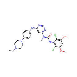 CCN1CCN(c2ccc(Nc3cc(N(C)C(=O)Nc4c(Cl)c(OC)cc(OC)c4Cl)ncn3)cc2)CC1 ZINC000072105034