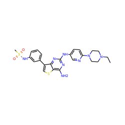 CCN1CCN(c2ccc(Nc3nc(N)c4scc(-c5cccc(NS(C)(=O)=O)c5)c4n3)cn2)CC1 ZINC000068267242