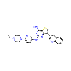 CCN1CCN(c2ccc(Nc3nc(N)c4scc(-c5cnc6ccccc6c5)c4n3)cn2)CC1 ZINC000198488147