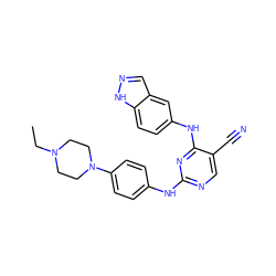 CCN1CCN(c2ccc(Nc3ncc(C#N)c(Nc4ccc5[nH]ncc5c4)n3)cc2)CC1 ZINC000063539305