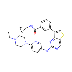 CCN1CCN(c2ccc(Nc3ncc4scc(-c5cccc(C(=O)NC6CC6)c5)c4n3)cn2)CC1 ZINC000068267343