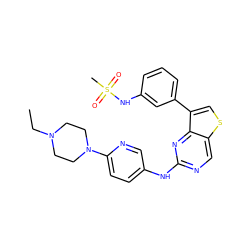 CCN1CCN(c2ccc(Nc3ncc4scc(-c5cccc(NS(C)(=O)=O)c5)c4n3)cn2)CC1 ZINC000068267333