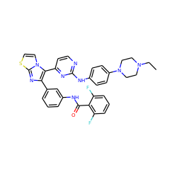 CCN1CCN(c2ccc(Nc3nccc(-c4c(-c5cccc(NC(=O)c6c(F)cccc6F)c5)nc5sccn45)n3)cc2)CC1 ZINC000049793536