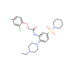 CCN1CCN(c2ccc(S(=O)(=O)N3CCCCC3)cc2NC(=O)COc2ccc(F)cc2Cl)CC1 ZINC000038150084