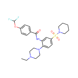 CCN1CCN(c2ccc(S(=O)(=O)N3CCCCC3)cc2NC(=O)c2ccc(OC(F)F)cc2)CC1 ZINC000012522678