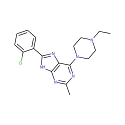 CCN1CCN(c2nc(C)nc3[nH]c(-c4ccccc4Cl)nc23)CC1 ZINC000084713786