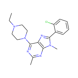 CCN1CCN(c2nc(C)nc3c2nc(-c2ccccc2Cl)n3C)CC1 ZINC000084713785