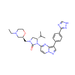 CCN1CCO[C@@H](CN2C[C@H](C(C)C)N(c3ccn4ncc(-c5ccc(-c6nc[nH]n6)cc5)c4n3)C2=O)C1 ZINC000165237951