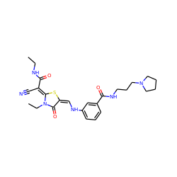 CCNC(=O)/C(C#N)=c1\s/c(=C/Nc2cccc(C(=O)NCCCN3CCCC3)c2)c(=O)n1CC ZINC000040916591