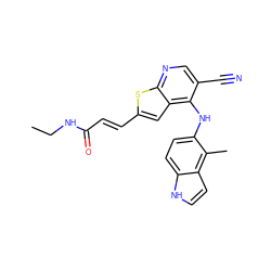 CCNC(=O)/C=C/c1cc2c(Nc3ccc4[nH]ccc4c3C)c(C#N)cnc2s1 ZINC000040918117