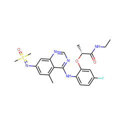 CCNC(=O)[C@@H](C)Oc1cc(F)ccc1Nc1ncnc2cc(N=S(C)(C)=O)cc(C)c12 ZINC001772645082