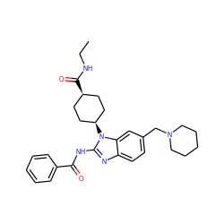 CCNC(=O)[C@H]1CC[C@@H](n2c(NC(=O)c3ccccc3)nc3ccc(CN4CCCCC4)cc32)CC1 ZINC001772603119