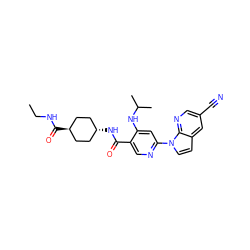 CCNC(=O)[C@H]1CC[C@H](NC(=O)c2cnc(-n3ccc4cc(C#N)cnc43)cc2NC(C)C)CC1 ZINC001772635914