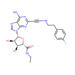 CCNC(=O)[C@H]1O[C@@H](n2cnc3c(N)nc(C#CNCCc4ccc(F)cc4)nc32)[C@H](O)[C@@H]1O ZINC000013861855