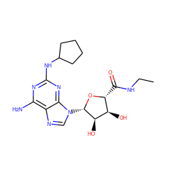 CCNC(=O)[C@H]1O[C@@H](n2cnc3c(N)nc(NC4CCCC4)nc32)[C@H](O)[C@@H]1O ZINC000027319403