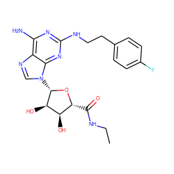 CCNC(=O)[C@H]1O[C@@H](n2cnc3c(N)nc(NCCc4ccc(F)cc4)nc32)[C@H](O)[C@@H]1O ZINC000003918064