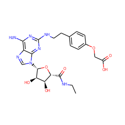 CCNC(=O)[C@H]1O[C@@H](n2cnc3c(N)nc(NCCc4ccc(OCC(=O)O)cc4)nc32)[C@H](O)[C@@H]1O ZINC000003918052