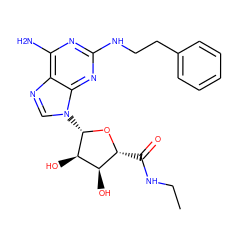 CCNC(=O)[C@H]1O[C@@H](n2cnc3c(N)nc(NCCc4ccccc4)nc32)[C@H](O)[C@@H]1O ZINC000013884698