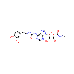 CCNC(=O)[C@H]1O[C@@H](n2cnc3c(NC(=O)NCCc4ccc(OC)c(OC)c4)ncnc32)[C@H](O)[C@@H]1O ZINC000028570205