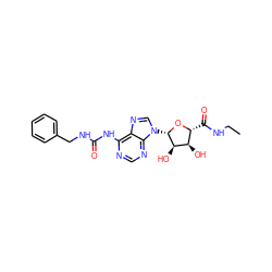 CCNC(=O)[C@H]1O[C@@H](n2cnc3c(NC(=O)NCc4ccccc4)ncnc32)[C@H](O)[C@@H]1O ZINC000013780803