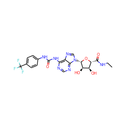 CCNC(=O)[C@H]1O[C@@H](n2cnc3c(NC(=O)Nc4ccc(C(F)(F)F)cc4)ncnc32)[C@H](O)[C@@H]1O ZINC000012405927