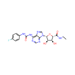 CCNC(=O)[C@H]1O[C@@H](n2cnc3c(NC(=O)Nc4ccc(F)cc4)ncnc32)[C@H](O)[C@@H]1O ZINC000012405930