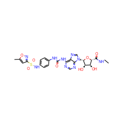 CCNC(=O)[C@H]1O[C@@H](n2cnc3c(NC(=O)Nc4ccc(NS(=O)(=O)c5cc(C)on5)cc4)ncnc32)[C@H](O)[C@@H]1O ZINC000049785477