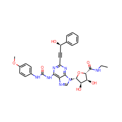 CCNC(=O)[C@H]1O[C@@H](n2cnc3c(NC(=O)Nc4ccc(OC)cc4)nc(C#C[C@@H](O)c4ccccc4)nc32)[C@H](O)[C@@H]1O ZINC000028570166