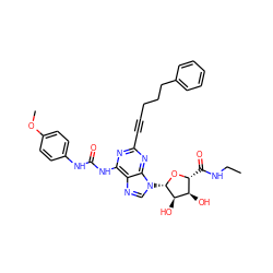 CCNC(=O)[C@H]1O[C@@H](n2cnc3c(NC(=O)Nc4ccc(OC)cc4)nc(C#CCCCc4ccccc4)nc32)[C@H](O)[C@@H]1O ZINC000028570683