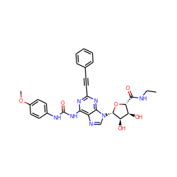 CCNC(=O)[C@H]1O[C@@H](n2cnc3c(NC(=O)Nc4ccc(OC)cc4)nc(C#Cc4ccccc4)nc32)[C@H](O)[C@@H]1O ZINC000028570305