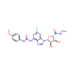 CCNC(=O)[C@H]1O[C@@H](n2cnc3c(NC(=O)Nc4ccc(OC)cc4)nc(Cl)nc32)[C@H](O)[C@@H]1O ZINC000013780813