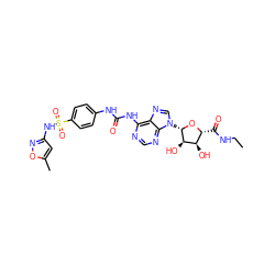 CCNC(=O)[C@H]1O[C@@H](n2cnc3c(NC(=O)Nc4ccc(S(=O)(=O)Nc5cc(C)on5)cc4)ncnc32)[C@H](O)[C@@H]1O ZINC000028570320