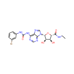 CCNC(=O)[C@H]1O[C@@H](n2cnc3c(NC(=O)Nc4cccc(Br)c4)ncnc32)[C@H](O)[C@@H]1O ZINC000012405941