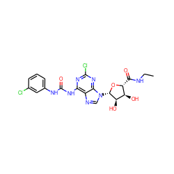 CCNC(=O)[C@H]1O[C@@H](n2cnc3c(NC(=O)Nc4cccc(Cl)c4)nc(Cl)nc32)[C@H](O)[C@@H]1O ZINC000013780812