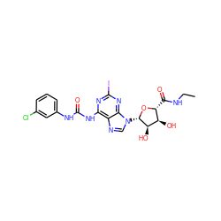 CCNC(=O)[C@H]1O[C@@H](n2cnc3c(NC(=O)Nc4cccc(Cl)c4)nc(I)nc32)[C@H](O)[C@@H]1O ZINC000028570984