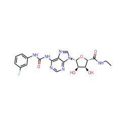 CCNC(=O)[C@H]1O[C@@H](n2cnc3c(NC(=O)Nc4cccc(F)c4)ncnc32)[C@H](O)[C@@H]1O ZINC000012405929