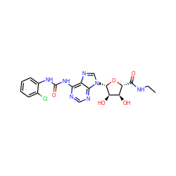 CCNC(=O)[C@H]1O[C@@H](n2cnc3c(NC(=O)Nc4ccccc4Cl)ncnc32)[C@H](O)[C@@H]1O ZINC000012405934