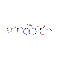 CCNC(=O)[C@H]1O[C@@H](n2cnc3c(NC(=O)Nc4nncs4)ncnc32)[C@H](O)[C@@H]1O ZINC000013780808