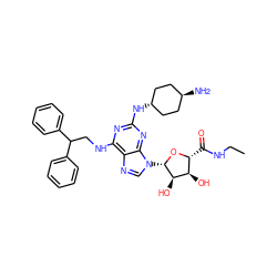 CCNC(=O)[C@H]1O[C@@H](n2cnc3c(NCC(c4ccccc4)c4ccccc4)nc(N[C@H]4CC[C@H](N)CC4)nc32)[C@H](O)[C@@H]1O ZINC000253794991