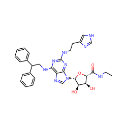 CCNC(=O)[C@H]1O[C@@H](n2cnc3c(NCC(c4ccccc4)c4ccccc4)nc(NCCc4c[nH]cn4)nc32)[C@H](O)[C@@H]1O ZINC000003924085