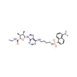 CCNC(=O)[C@H]1O[C@@H](n2cnc3c(NCCCCNS(=O)(=O)c4cccc5c(N(C)C)cccc45)ncnc32)[C@H](C)[C@@H]1C ZINC000096913439