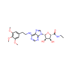 CCNC(=O)[C@H]1O[C@@H](n2cnc3c(NCCc4cc(OC)c(OC)c(OC)c4)ncnc32)[C@H](O)[C@@H]1O ZINC000048998357