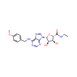 CCNC(=O)[C@H]1O[C@@H](n2cnc3c(NCc4ccc(OC)cc4)ncnc32)[C@H](O)[C@@H]1O ZINC000012405583