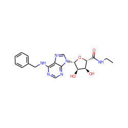 CCNC(=O)[C@H]1O[C@@H](n2cnc3c(NCc4ccccc4)ncnc32)[C@H](O)[C@@H]1O ZINC000012405570