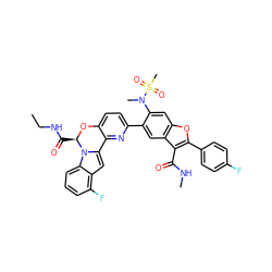 CCNC(=O)[C@H]1Oc2ccc(-c3cc4c(C(=O)NC)c(-c5ccc(F)cc5)oc4cc3N(C)S(C)(=O)=O)nc2-c2cc3c(F)cccc3n21 ZINC000218304532